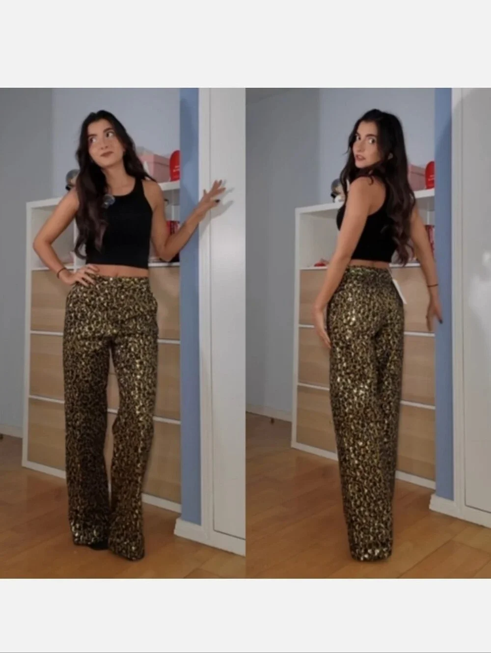 ZARA ANIMAL PRINT SEQUIN STRAIGHT LEG PANTS SIZE M